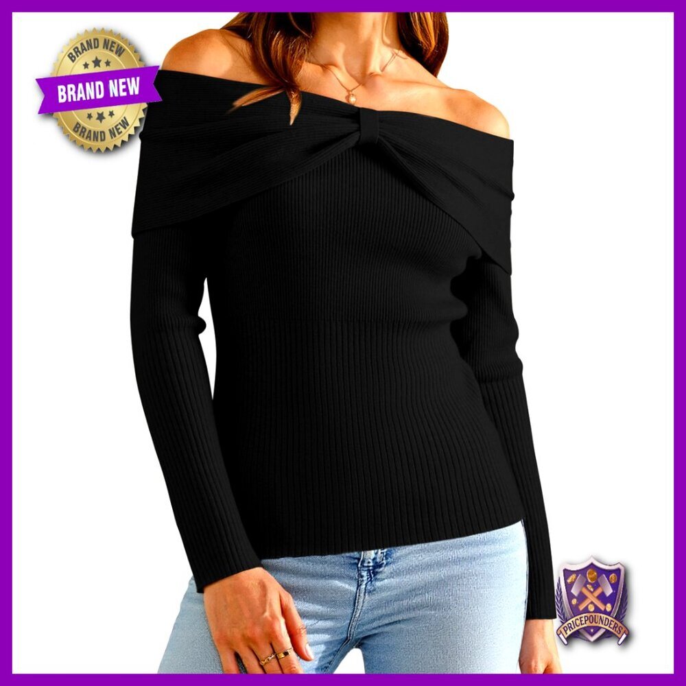 Wool Blend Off Shoulder Pullover Sweater Slim Fit Ribbed Knit